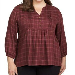 Wrangler Women's Size Xxl Babydoll Plaid blouse Top Burgandy Henley 3/4 Sleeve
